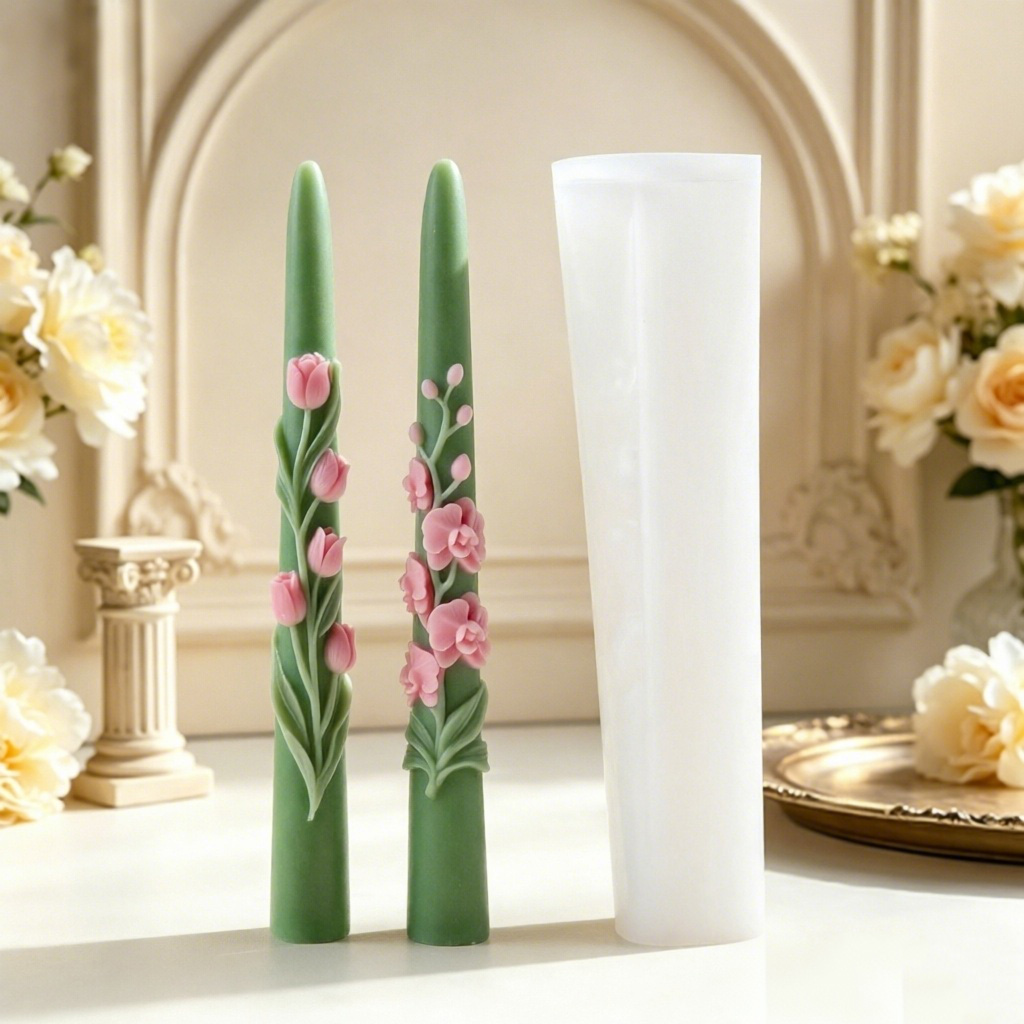 Candle Making Tips - แม่พิมพ์ซิลิโคนเทียนแท่งยาวลายดอกไม้ 3 มิติ ลายดอกทิวลิปและกล้วยไม้ สำหรับทำเทียนจากขี้ผึ้งถั่วเหลือง ของตกแต่งบ้าน