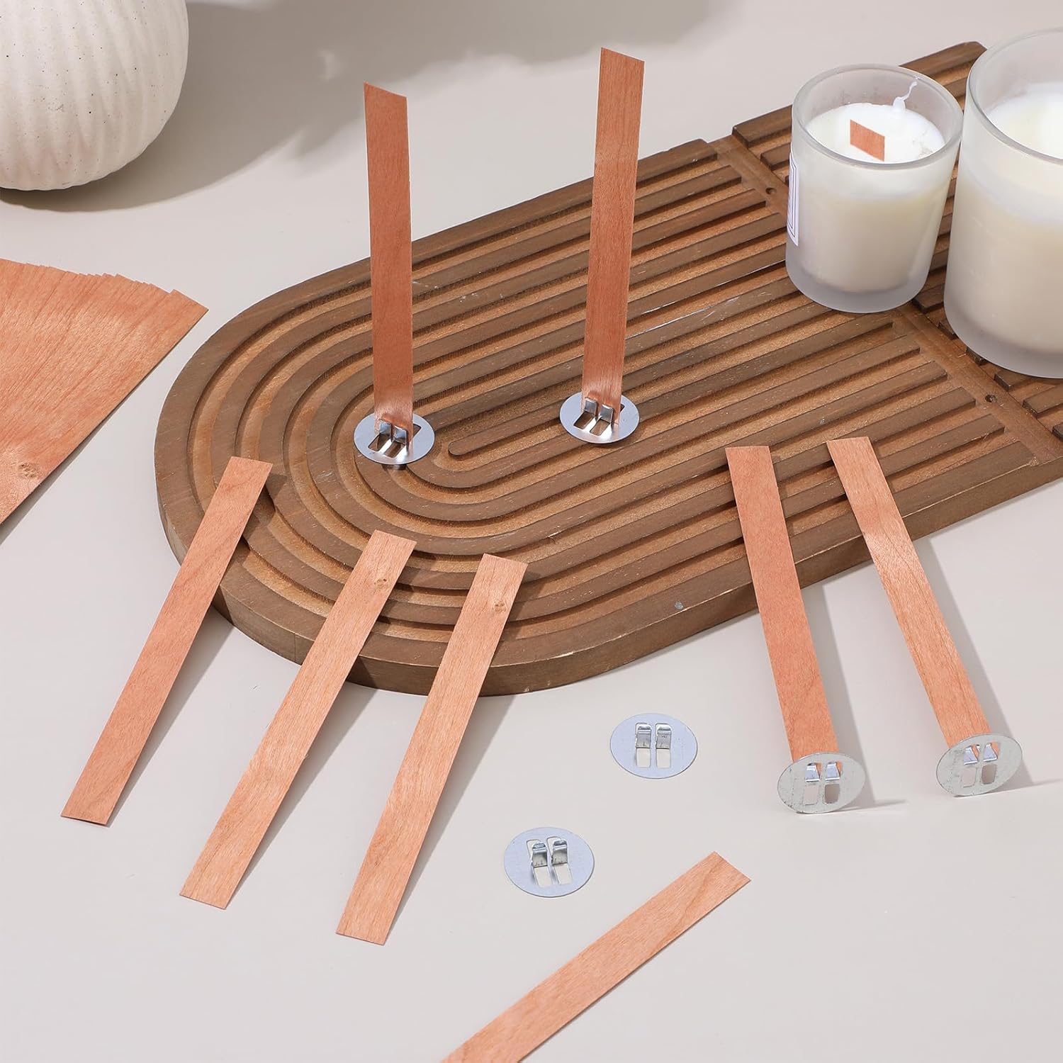 Soy Wax Pillar Blend - ไส้เทียนไม้ 60 ชิ้น สำหรับทำเทียน ไส้เทียนไม้ไร้ควัน พร้อมฐานโลหะ